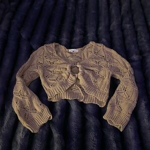 Francesca's Collections Taupe Openwork Cropped Cardigan with Front Knot